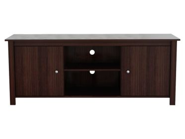 63" Dark Brown Wood And Metal Cabinet Enclosed Storage Mirrored TV Stand