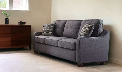 69" Gray Linen Sofa And Toss Pillows With Dark Brown Legs