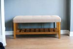 40" Light Gray and Brown Upholstered Polyester Bench with Shelves