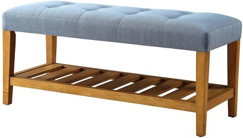 40" Blue and Brown Upholstered Polyester Bench with Shelves