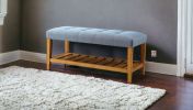 40" Blue and Brown Upholstered Polyester Bench with Shelves