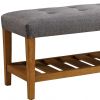 40" Gray and Brown Upholstered Linen Blend Bench with Shelves