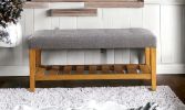 40" Gray and Brown Upholstered Linen Blend Bench with Shelves