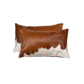 Set of Two 12" X 20" Brown and White Cowhide Throw Pillow