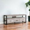 15.5" X 59" X 21.75" Taupe Black Particle Board Hollow Core Metal TV Stand With 3 Drawers