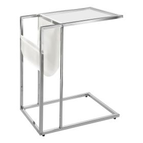 19.5" X 12" X 24" Chrome Tempered Glass Leather Look Accent Table