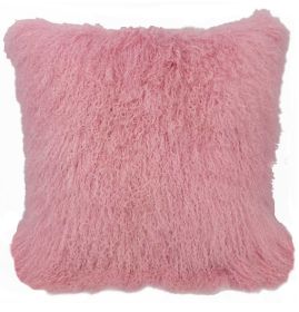 24" Pink Genuine Tibetan Lamb Fur Pillow With Microsuede Backing