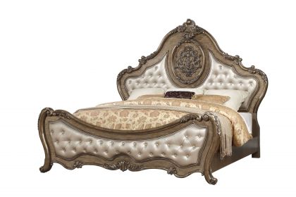 Queen Tufted Bronze Upholstered Faux Leather Bed With Nailhead Trim