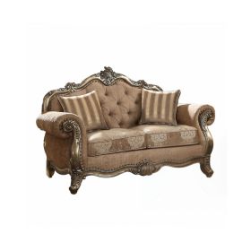 69" Brown And Platinum Damask Chesterfield Loveseat