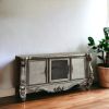 21" X 74" X 31" Antique Platinum Wood Poly Resin Glass Tv Console