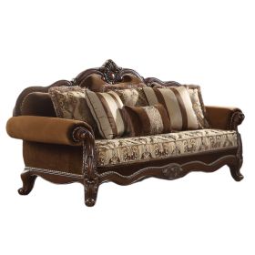 37" Oak Velvet Damask Sofa And Toss Pillows With Espresso Legs