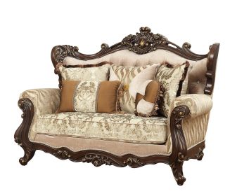 70" Beige and Brown And Brown Polyester Blend Damask Loveseat and Toss Pillows