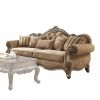 35" Brown Velvet Floral Sofa And Toss Pillows With Champagne Legs