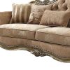 35" Brown Velvet Floral Sofa And Toss Pillows With Champagne Legs