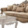 35" Brown Velvet Floral Sofa And Toss Pillows With Champagne Legs