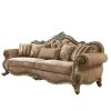 35" Brown Velvet Floral Sofa And Toss Pillows With Champagne Legs