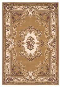 8'X11' Beige Ivory Machine Woven Hand Carved Floral Medallion Indoor Area Rug