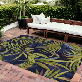 8'X10' Ink Blue Hand Hooked Uv Treated Oversized Tropical Leaves Indoor Outdoor Area Rug