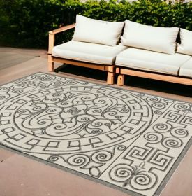 8'X10' Ivory Grey Hand Woven Uv Treated Greek Key Medallion Indoor Outdoor Area Rug