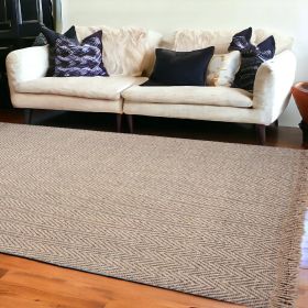 9'X12' Oatmeal Beige Hand Woven Herringbone With Braided Fringe Indoor Area Rug