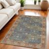 5' x 7' Blue and Beige Floral Hand Woven Distressed Area Rug