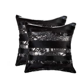 Set of Two 18" Gold and Black Cowhide Throw Pillow